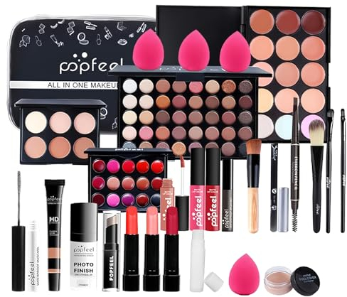 Alles in Einem Make-Up-Set mit Lidschatten Palette Lipgloss Pinsel, 30 Stück All in One Make up Geschenkset, Komplettes Kosmetik Schmink Starter Kit mit Schminktasche für Frauen Mädchen Beauty
