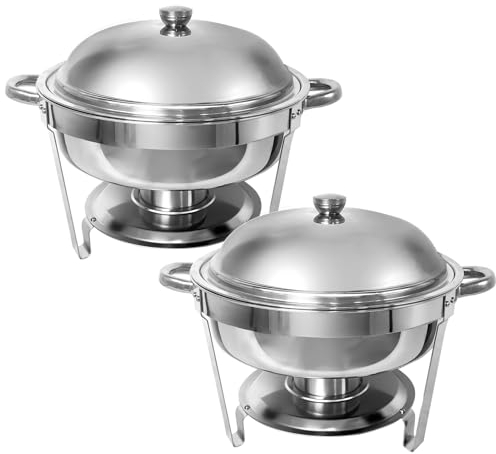 PRIJESSE Chafing Dish Buffet Set Full Size Stainless Steel, Silver Round Catering Warmer Set with Food and Water Trays, Mirror Cover, Thick Stand Frame for Kitchen Party Banquet (5 Qt 2 Pack)