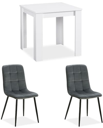 Homestyle4u 2370, Esstisch 2 Personen Essgruppe mit Tisch und 2 Stühlen Holz 80x80 cm Weiß Polsterstühle 2er Set Grau