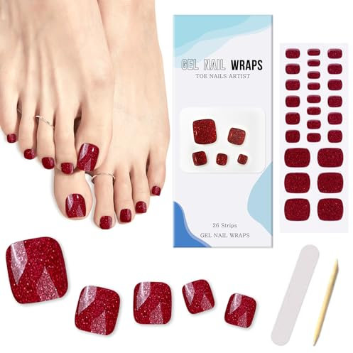Ceboic 26 Pièces d'orteil Vernis À Ongles Autocollants, Bandes d'ongles en Gel Auto-Adhésifs, Pedi Wraps Full Cover Nail Art Sticker, Décalcomanies pour Ongles d'Orteil (Rouge Brillant)