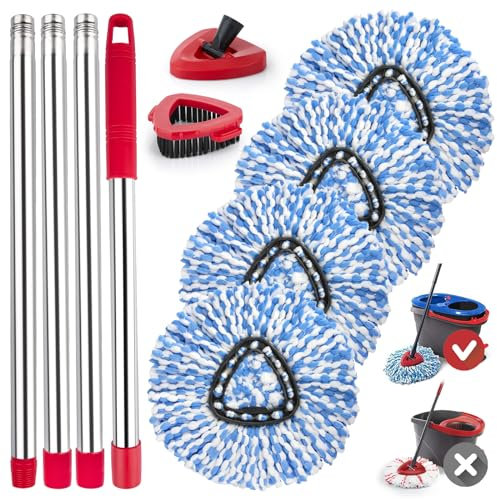 Spin Mop Replacement Head for O Ceda 2 Tank RinseClean,4 Mop Heads +1 Mop Brush + 1 Mop Handle +1 Mop Base,Spin Mop Microfiber Refill with 30 to 58 Mop Replacement Handle