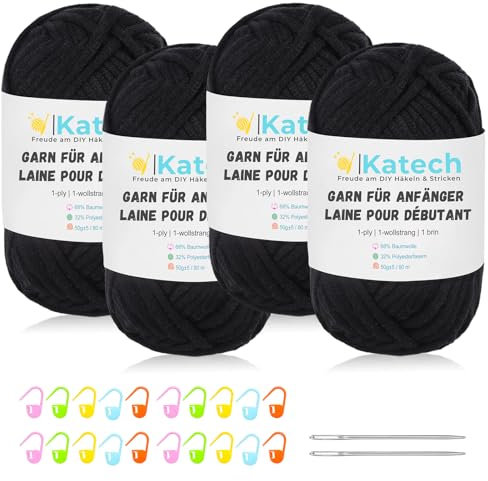 Katech Häkelgarn für Anfänger, 1-Wollstrang Kein Geteiltes Wolle zum Häkeln von Tier Untersetzer, Häkel- & Strickgarn, Dicke Wolle zum Stricken, 4 * 50g Dickes Garn Baumwolle zum Häkeln, Schwarz