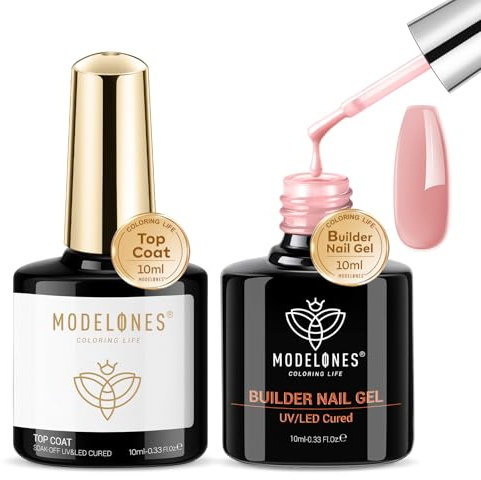 Modelones Builder Gel with Top Coat, 8-In-One Pink Builder Nail Gel Acid Free Top Coat for Nail Thickening Apex Building Nail Extension Shine Finish and Long Lasting, LED Nail Lamp Cured 10ml