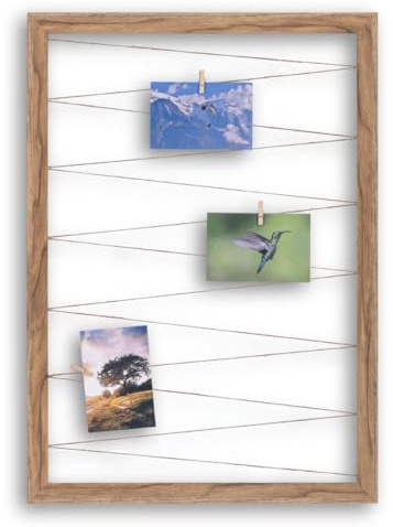 CLAMARO Fotohalter mit Fotoleine, Eiche Catania, 60 x 80 cm, vollummantelt | MDF-Rahmen 30 mm breit, Juteband gespannt, Massivholz-Clips, Metallaufhänger, für Fotocollage, Postkarten