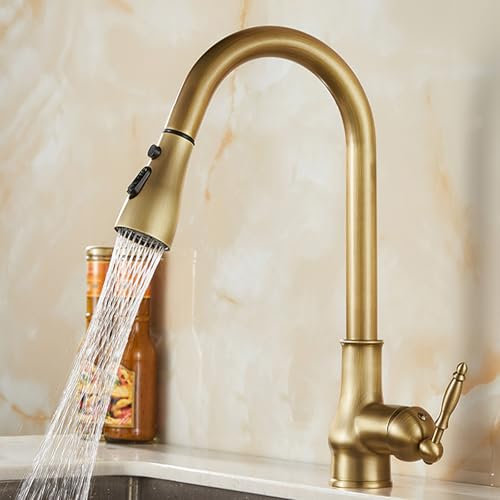 BiaoTeng Kitchen Taps with Pull Out Spray Retro Single Handle Hot and Cold 3-Mode Water Outlet Brass Pull Out Kitchen Tap Spray Head Antique