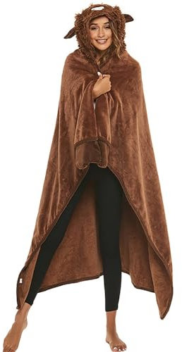 Damen-Kapuzenpullover, Sweatshirt, Winter-Top, Damen-Kapuzenumhang, Tier, Lazybones, Pinguine, Yaks, Pandas, Cartoon-Stickerei, doppelte Wolldecke, tragbarer Schlafanzug, braun, Einheitsgröße