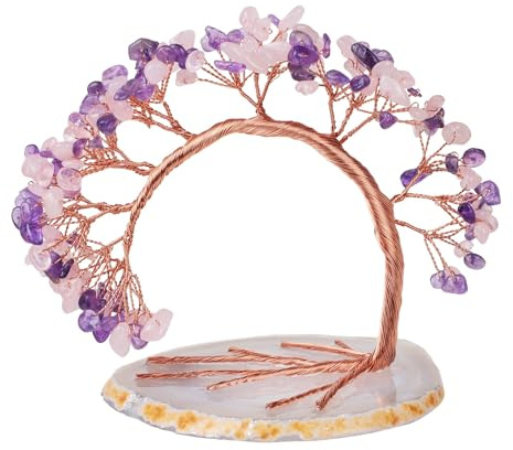 dssmboom Heilende Kristallbaum des Lebens Kristall Bonsai Baum Dekor | Amethyst & Rose Quarz Kristallbaum auf Agat Scheibe Basis, Feng Shui Geldbaum Bonsai für Home Office Dekor, 4,5 -5,2