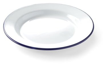12 assiettes plates en émail, blanc et bleu de 24 cm de diamètre