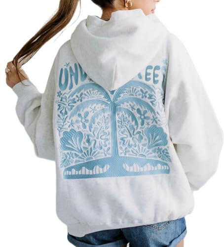 Graphic Hoodies For Teen Girl Women Y2k Long Sleeve Oversized Floral Sweatshirt Flower Cute Preppy Sweater Clothes (Light Grey, L)