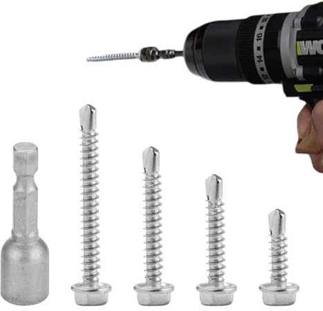 113 Pcs M4.8x16/25/38/50mm Self Tapping Screws, 410 Stainless Steel Kit Hex Washer Head Self Drilling Hex Head Screws for Metal, Wood, Pvc, Plasterboard, and Number Plate