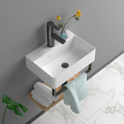Lofeyo Évier de salle de bain flottant à fixation murale – Évier rectangulaire de 35,6 x 25,4 cm avec robinet noir et bonde – Petit lavabo moderne en porcelaine blanche en céramique blanche
