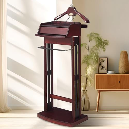 Baodiale Valet de nuit moderne et autonome, cintre en bois massif avec barre à pantalons, porte-cravates et étagère à chaussures, idéal pour ranger vos costumes dans n'importe quel espace.