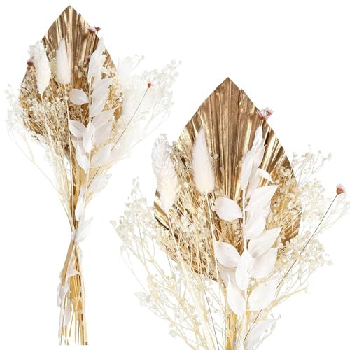 Dried Flowers for Cakes - Dehydrated Bloom Cake Toppers Gold Palm Leaf Decoration with Plush Charms, Dried Flower Bouquet Cake Decorations for Birthday Wedding Valentine's Day and Crafts