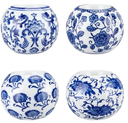 OLYCRAFT 4 Stück 4 Stile Blaue Und Weiße Kerzenhalter 9cm Rund Blau Votivkerzenhalter Porzellan Teelichthalter Keramik Teelichthalter Für Tischdekoration Teeparty Dekoration
