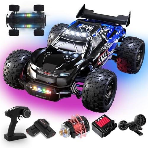 RC Auto Brushless 60KM/H, 1/14 Ferngesteuertes Auto Erwachsene mit Lichtern | Aufrüstbar auf 3S 75KM/H, Monstertruck Ferngesteuert mit 2X 2000mAh-Akku, Ferngesteuertes Auto ab 8 9 10 11 12 13 14 Jahre