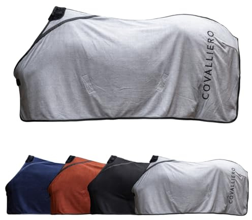 Covalliero - Fleecedecke – Pferde Abschwitzdecke – Decke mit Widerristpolster aus Fell, Kreuzgurten, Brustschnalle & Schweifriemen – atmungsaktive Pferdedecke in Steel Grey – Größe 155cm
