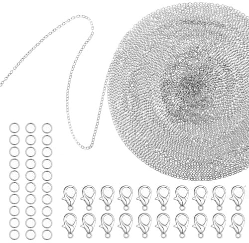 JJUNW 10m Ketten Selber Machen, Schmuck Ketten Selber Machen Set | Silber Edelstahl Gliederkette Mit 20 Karabinerverschluss 30 Biegeringe für Anhänger Armband Schmuckherstellung DIY Handwerk