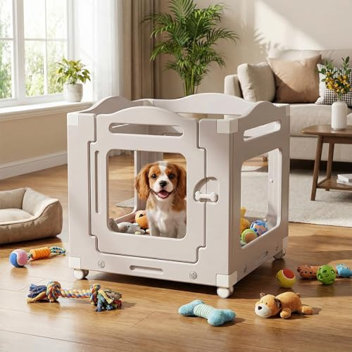 MAMIZO Acryl Welpenauslauf 63×68 cm, Laufstall Hund mit Rädern | Hundelaufstall für Wohnung 64cm Hoch, 3+1 PCS Platten Wurfkiste für Welpen mit Wasserdichte Matte und Grundplatte, Warmgrau