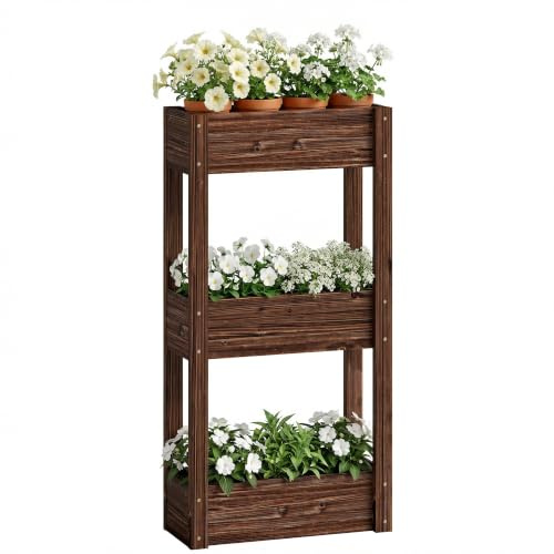 Outsunny Macetero Elevado 3 Niveles Madera, Drenaje, 60x25x120 cm | Cama elevada de jardín sobre patas, forro, macetero elevado exterior, para verduras, hierbas, flores