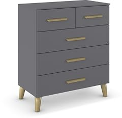 Rauch Möbel ADITIO, Kommode, Farbe Grau metallic, Breite 80 cm | Sideboard im Skandi-Design, 5 Schubladen, Soft-Close, Massivholz Griffe und Füße, für Schlafzimmer, Wohnzimmer, Flur