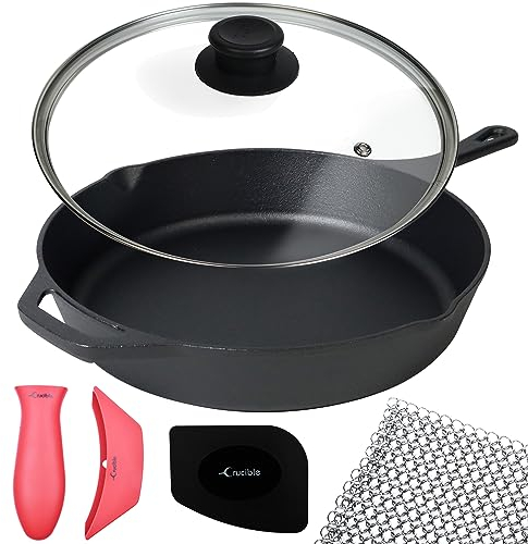 Crucible Cookware 12-Inch Cast Iron Skillet Set (Pre-Seasoned), Including Large & Assist Silicone Hot Handle Holders, Glass Lid, Cast Iron Cleaner Chainmail Scrubber, Scraper