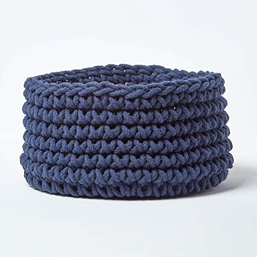 HOMESCAPES gestrickter Aufbewahrungskorb in marineblau, runder Strickkorb/Stoffkorb 37 x 21 cm aus 100% Baumwolle mit Grobstick-Optik, dunkelblau