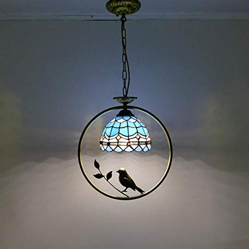GDLight Tiffany-Stil Pendelleuchte Vintage Mittelmeer blau Glasmalerei Insel Licht Eisen Vogel Hängelampe für Kinderzimmer Esszimmer