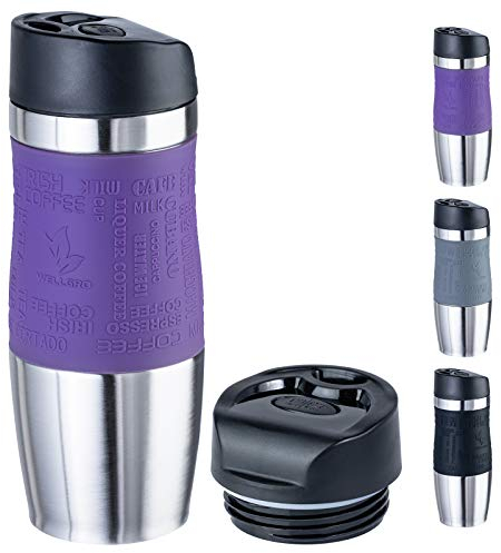 WELLGRO Thermobecher 400 ml + 1 Extradeckel - Edelstahl rostfrei - Silikon Soft-Touch Griffstück - BPA-frei - Isolierbecher doppelwandig - Travel Mug - Kaffeebecher to go, Farbe:Lila