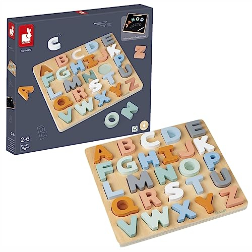 Janod - Alphabet-Puzzle aus Holz 26 Teile - Kollektion Sweet Cocoon - Baby- und Kleinkindspielzeug Farbe auf Wasserbasis - Erlernen des Alphabets und der Schrift - Ab 2 Jahren, J04412
