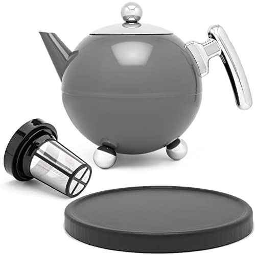 Bredemeijer Bella Ronde Edelstahl-Teekannen-Set 1,2L – Doppelwandige Edelstahlkanne mit Füßen, Kugelform, grau – Mit schwarzem Untersetzer & Tee-Filter Sieb-Aufsatz für losen & Blätter-Tee