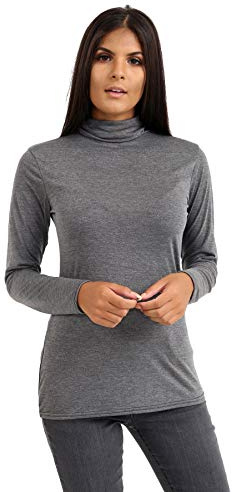 STAR FASHION Womens Polo Neck Jumper Tops Long Sleeve Ladies Roll Turtle Neck Plain Knitted Pullover Sweatshirt for Ladies Stretch Lightweight Sweater Top Charcoal 12-14
