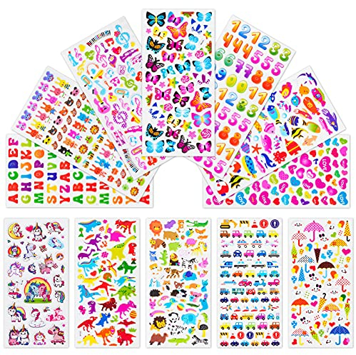 Leenou 3D Aufkleber für Kinder und Kleinkinder, 1000+ Geschwollen Stickers, Niedliche Verschiedene Set Buchstab en,Tier, Zahlen, Schmetterlinge, Dinosaurier und Mehr (18 Bogen)