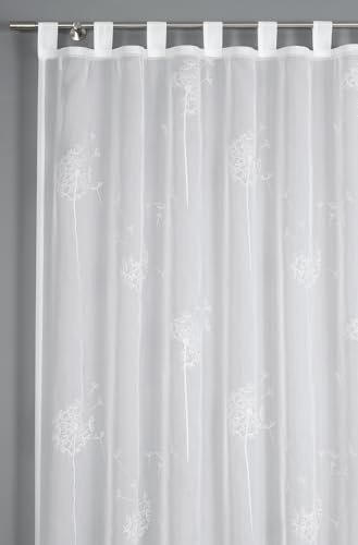 Sehlbach Färdig gardin med slingor, voile med flocktryck maskros, vit, 140 x 245 cm gardiner, ljusgenomsläpplig, enkel dekoration, sommarkänsla, harmonisk integration