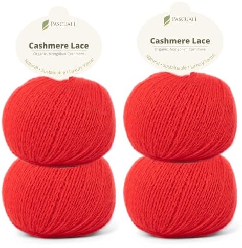 PASCUALI | Bio Cashmere Lace. Strickwolle aus 100% Kaschmirwolle Wolle zum Stricken und Häkeln, SET: 4 Knäuel - 100g - Farbe: Mohnrot 26