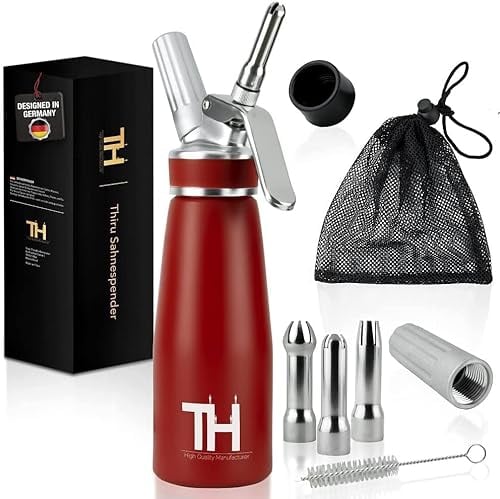 Thiru Siphon Chantilly avec 3 douilles en acier inoxydable & Sac en filet - Mousses et Crèmes - Siphon Cuisine 500ml (rouge)