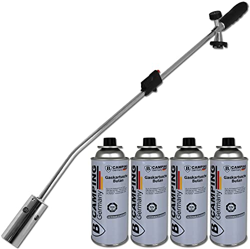 Bahama Unkrautbrenner mit Piezozündung mit 4 Gaskartuschen Abflammgerät Unkrautvernichter Kartuschen Unkraut Brenner Vernichter Set Gasbrenner, Silber, 80cm