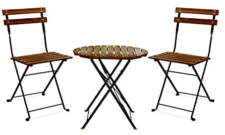 FRANKYSTAR Avolio Bistrò Gartenmöbel-Set mit Tisch und 2 Klappstühlen, aus Stahl und Holz mit Teak-Optik, Bistro-Set im Retro-Stil