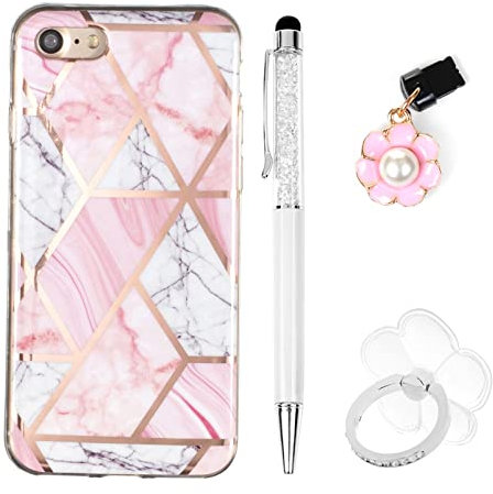 Yiscase Marble Case Compatible with iPhone 7/iPhone 8/iPhone 6 Case with Stand Ring Holder Kickstand Glitter Sparkle Women Girls Slim Protective TPU Soft Cover with Stylus Pen Dust Plug - Pink