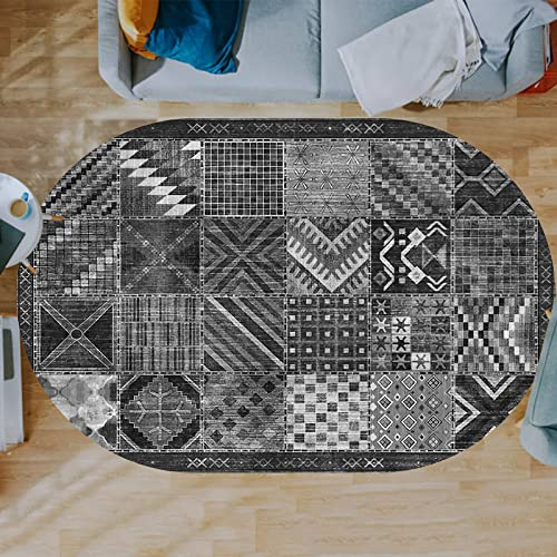 Rururug Teppich,Grey, Oval 120 x 160 cm, Vintage Musters Patchwork Designs, Teppich Oval Wohnzimmer Kurzflor Schlafzimmer Teppiche Sofa,