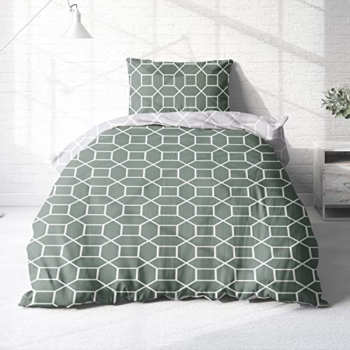 Träumschön Biber Bettwäsche Set 2tlg 135x200 cm + 80x80 cm – Flauschige Bettwäsche Grün – Weiche Winterbettwäsche im Hexagon Design - Atmungsaktiv, Warm & Hautfreundlich - 100% Baumwolle