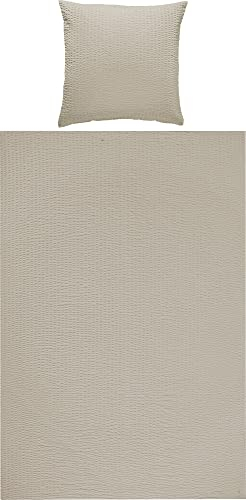 REDBEST Bettwäsche, Bettgarnitur Seersucker Uni Detroit Taupe Größe 80x80 cm / 135x200 cm - weich, schnell trocknend, bügelfrei, mit Reißverschluss