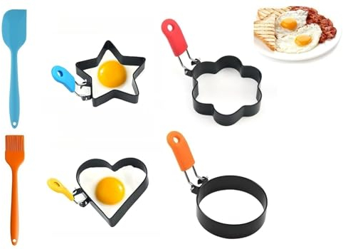 JSQJ Anneaux D'oeuf 4 PCS Anneaux à Oeuf en Acier Inoxydable Antiadhésifs Moule Omelette Poignées Pliantes pour Cuisson œuf Pancakes Steaks, avec Pinceaux et Spatules en Silicone(4 types)