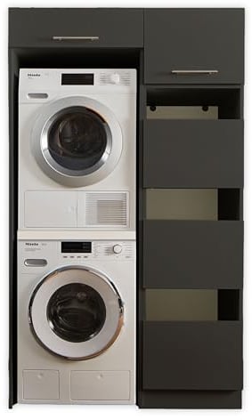 LAUNDREEZY Waschmaschinenschrank für Trockner und Waschmaschine, Wäscheschrank und Schrankaufsatz, Anthrazit - Praktischer Waschmaschinen-Überbauschrank - 117,5 x 200 x 67,5 cm (B/H/T)