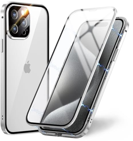OMGZONE Magnetic Case for iPhone 15 Pro Max Full Body Cover,Screen Protector built-in Transparent Tempered Glass and Camera Protector,360 Degree Metal Bumper Case for iPhone 15 Pro Max,Clear Silver