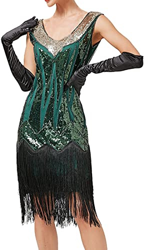 Chanpning Robe Gatsby Femme Annee 20 Verte 1920 Flapper Robe Charleston à Sequins Robe soirée Frange Paillettée Style années 20 pour Great Gatsby Party Bal Soirée Cocktail