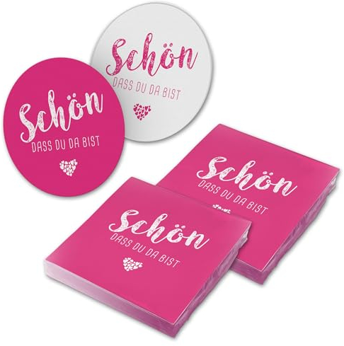 itenga 40x Servietten mit 40x Bierdeckel Schön dass du da bist (pink/fuchsia)
