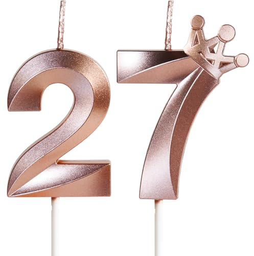 Yiran 27er Roségold Geburtstagskerzen mit Krone, 5cm 3D, Parfümfrei, Kerze, Kuchen Topper Dekoration, Hochzeit, Geburtstag, Jubiläum, Feier