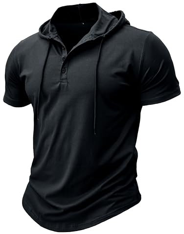 MakingDa Athletische Kurzarm Kapuze Männer Mode Training Gym Pullover Kapuze Hemd Knopf Muskel Fit Sommer Sweatshirt Leichtes Hip Hop Laufen Boxen Wandern Sport Hoodies T-Shirt Schwarz M