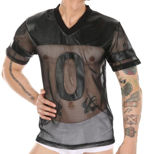 Duohropke Herren Wetlook Oberteile Männer T-Shirt Lack-Optik Jacke Unterhemd Muskelshirt Lack Leder Mesh mit Stehkragen Sexy Party Clubwear Lack Optik Wetlook Bluse