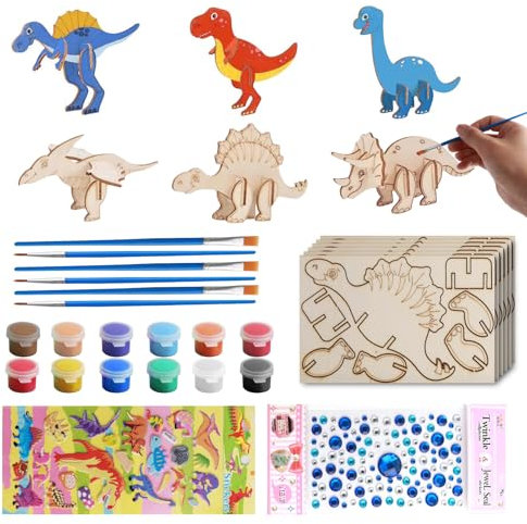 VINEST 12 Stück Dinosaurier Bastelset für Kinder, Holz Basteln, Kindergeburtstag mit Glitzersteine zum Bemalen, Dino Spiele